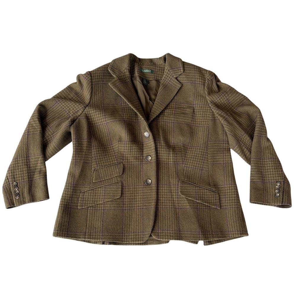 Lauren Ralph Lauren Womens 18W Wool Tweed Blazer Jacket Green Purple Windowpane